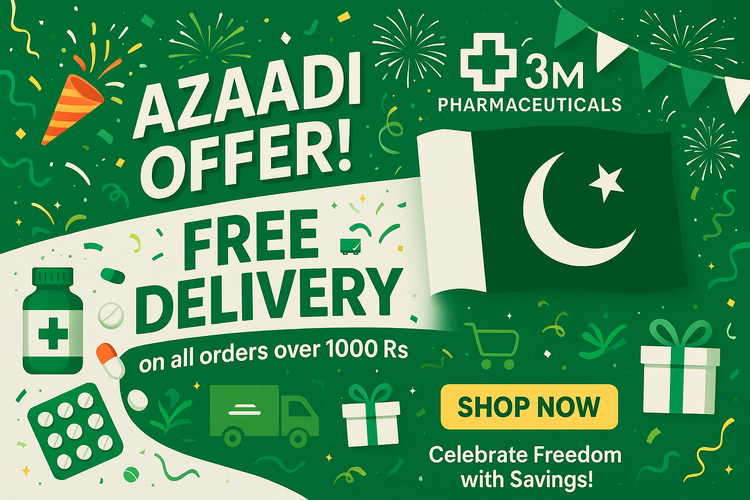 🎉 Azaadi Offer! Enjoy FREE Delivery on all orders over 1000 Rs 🇮🇳 Shop now and celebrate freedom with savings! 🎁 with 3M Pharmaceuitcals  and pakistan flag